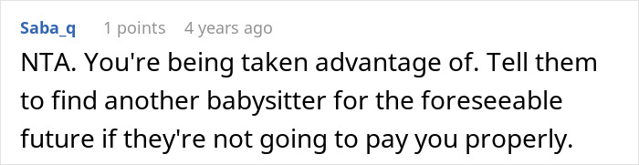 Comment on unfair babysitting rates, suggesting finding another babysitter to avoid being taken advantage of.
