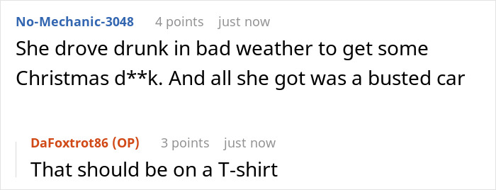 Reddit comments about a woman driving drunk and crashing her car; a user suggests putting it on a T-shirt.