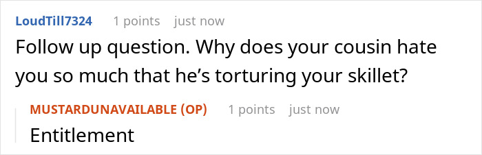 Text exchange discussing a cousin stealing a skillet, with the word "Entitlement" highlighted.