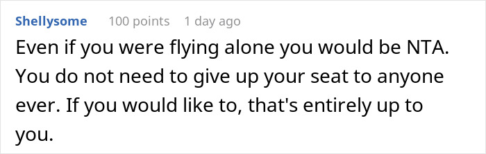 Comment discussing seat refusal on plane, highlighting personal choice and autonomy. Comment discussing seat refusal on plane, highlighting personal choice and autonomy.