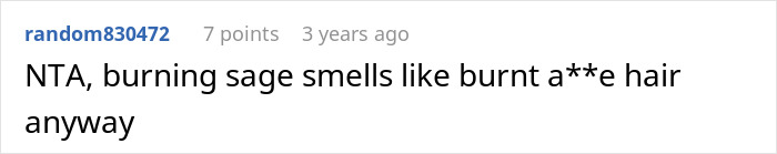 Comment about burning sage cleansing, describing its smell negatively with humorous tone. Comment about burning sage cleansing, describing its smell negatively with humorous tone.