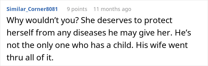 Reddit comment discussing affair consequences and protection measures.