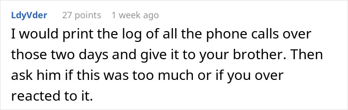 Text comment discussing brother's reaction to printed phone log and questioning overreaction.