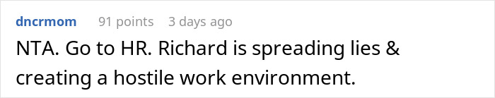 Reddit comment advising to go to HR about a hostile work environment.