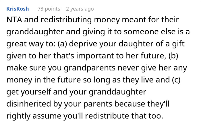 Comment discussing refusal to give college fund to brother's stepdaughter, emphasizing family financial conflicts. Comment discussing refusal to give college fund to brother's stepdaughter, emphasizing family financial conflicts.