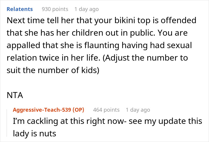 Text exchange about bikini top incident at public pool with humorous responses. Text exchange about bikini top incident at public pool with humorous responses.