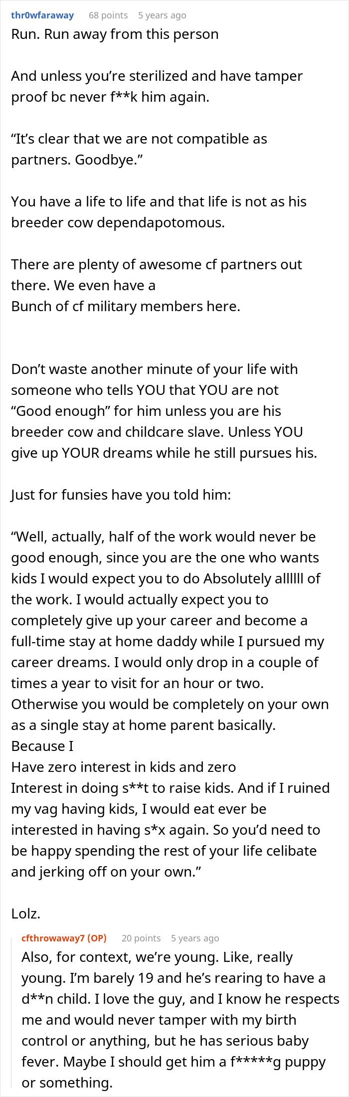 Reddit post discussing fear of motherhood and relationship stress over having kids.
