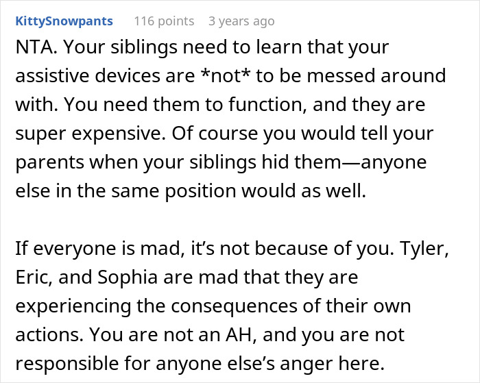 Reddit comment discussing the importance of not hiding assistive devices like hearing aids and glasses.