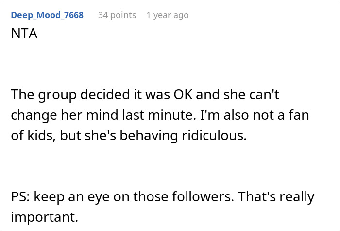 Text comment discussing group decision and opinions on childfree holiday plans and behavior. Text comment discussing group decision and opinions on childfree holiday plans and behavior.