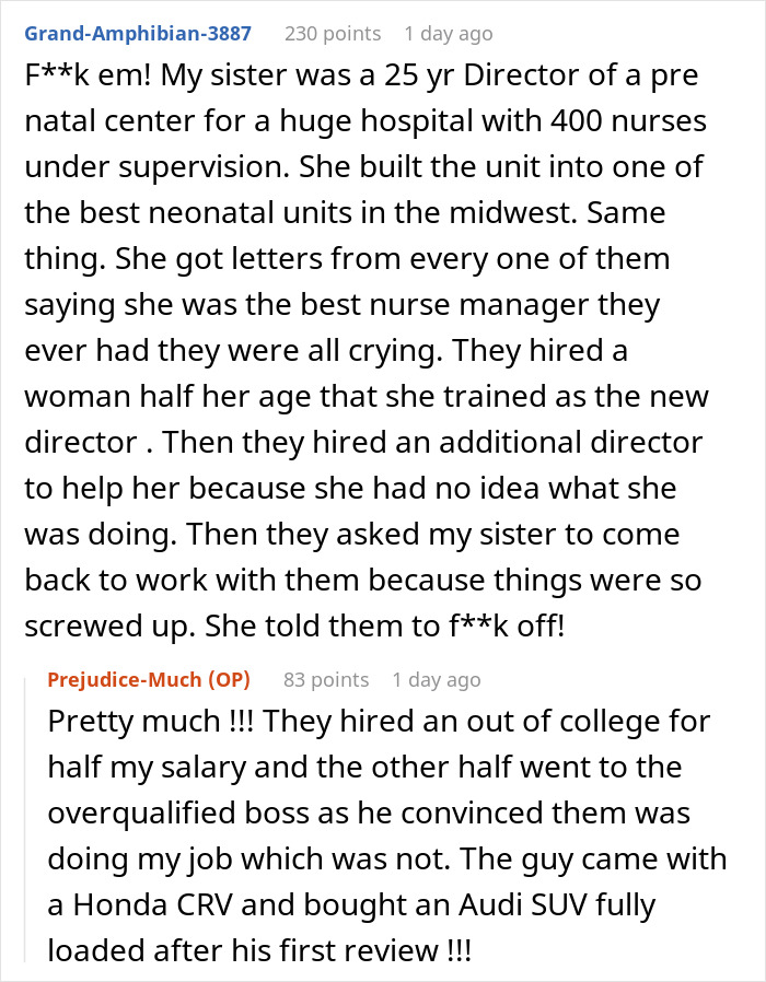 Text conversation about a laid-off employee dealing with a boss who rehired less qualified staff.