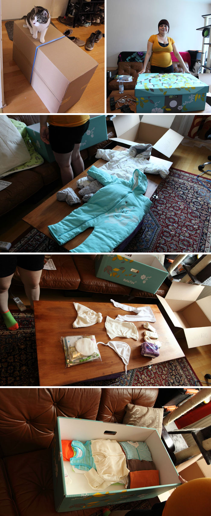 Caja de cartón con ropa infantil, un ingenioso detalle en la vida cotidiana de países diversos.