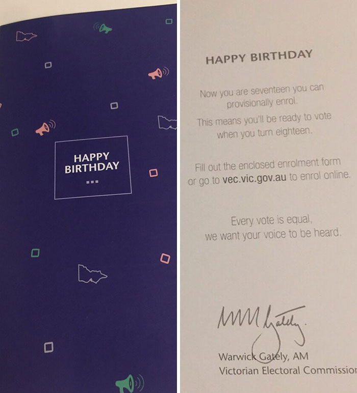 Birthday card encouraging provisional voting enrollment in Australia.