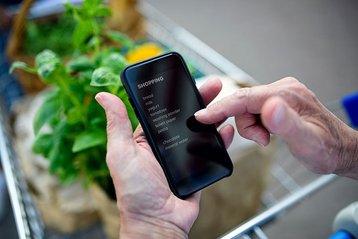 Person using a smartphone in a grocery cart, displaying a shopping list.