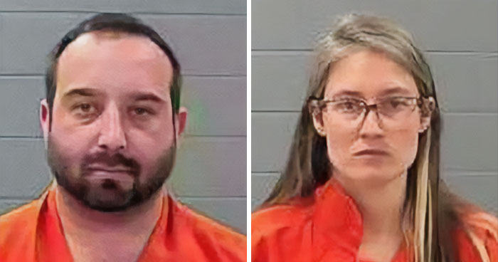 Two individuals in orange clothing, facing the camera, against a neutral background.