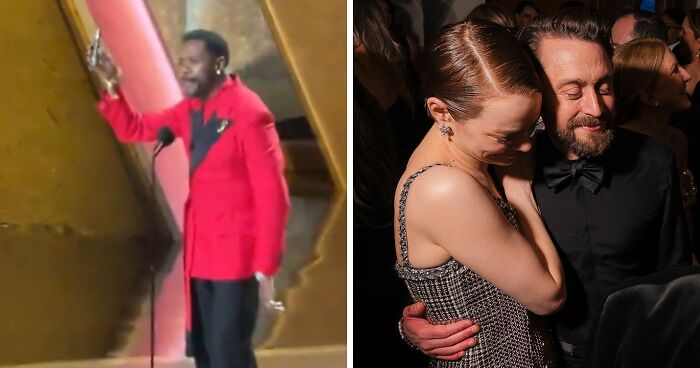 Man in red suit holding award at Oscars 2025; woman and man hugging at ceremony in behind-the-scenes moment.