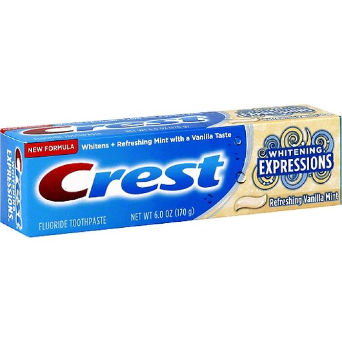Crest Whitening Expressions toothpaste box, a nostalgic discontinued product with vanilla mint flavor.
