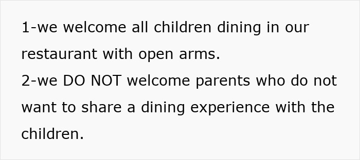 Pizza place sign expressing disappointment with parents, welcoming children but addressing dining behavior.