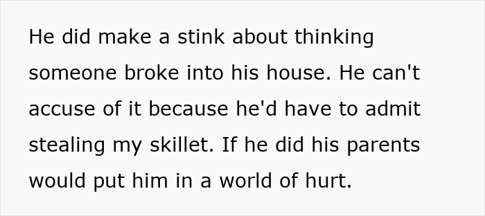 Text about a cousin unable to admit to stealing a skillet to avoid parental consequences.