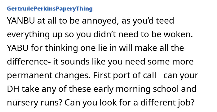 Text discussing a mom of 3 who is frustrated with her husband for waking her up and suggests possible solutions.