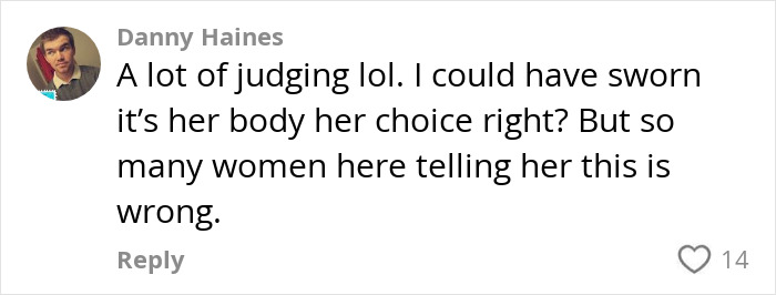 A comment by Danny Haines on a wedding photoshoot post with debates on personal choices and judgments.