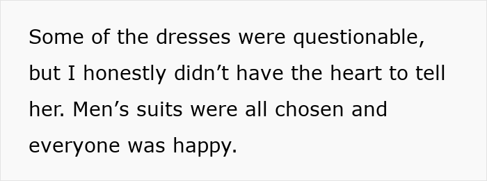 Text about wedding attire choices and friends, highlighting bridal dress concerns.