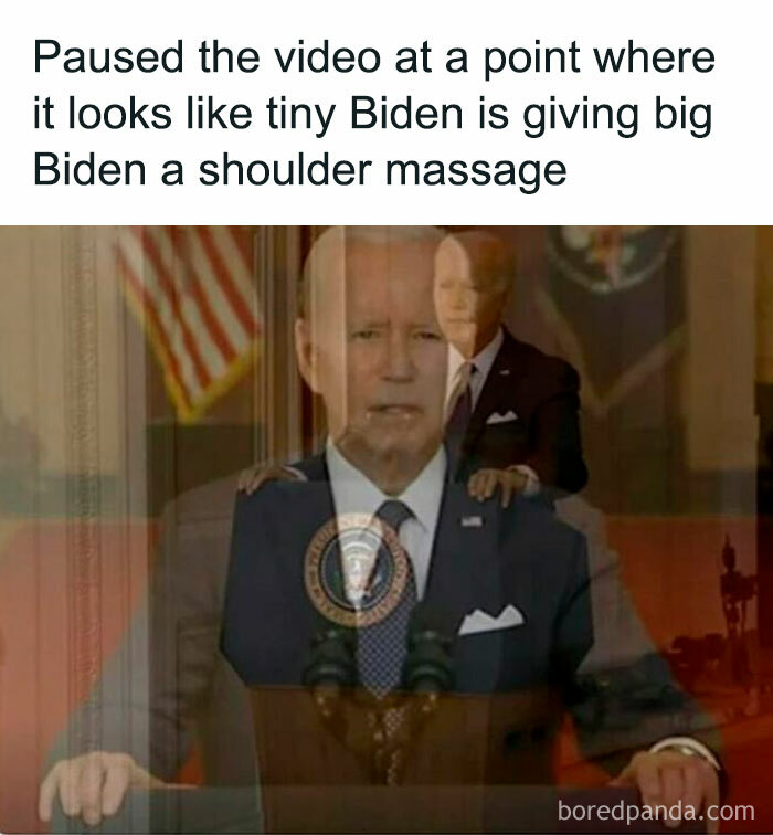 Funny meme of a video pause making it seem like a miniature person gives a massage to a larger one.