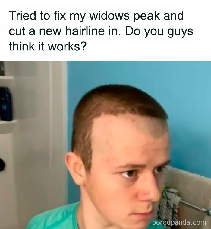 A person with a freshly cut, uneven hairline in a bathroom, humor meme reflecting a DIY hair mishap.