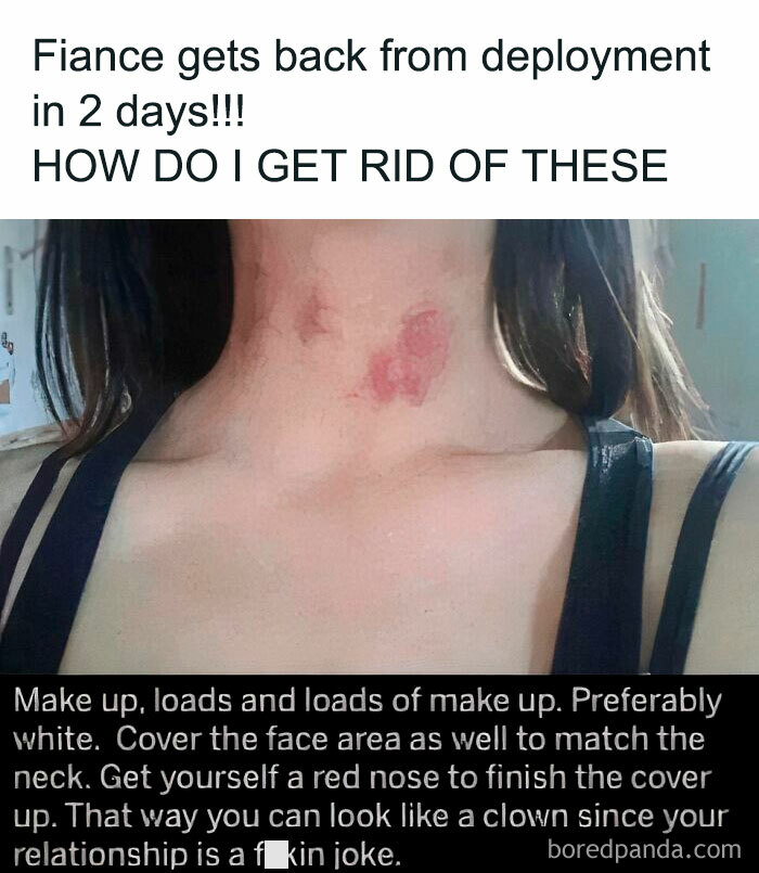 Woman with red marks on neck, text about using makeup humorously to hide them. Daily humor memes for a smile.
