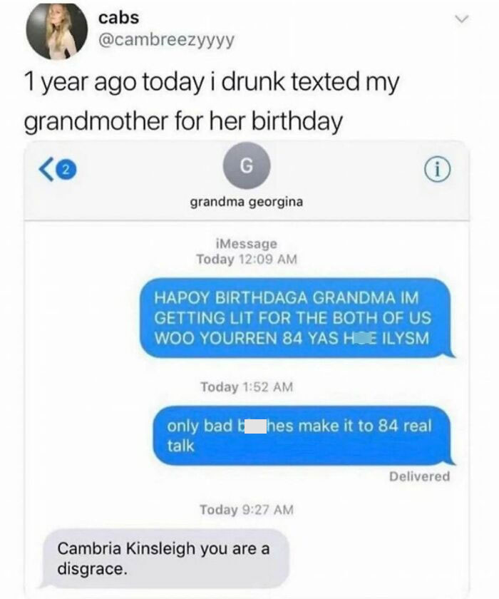 Funny drunk text to grandma meme from Daily Humor Memes, featuring humorous birthday message mishap.