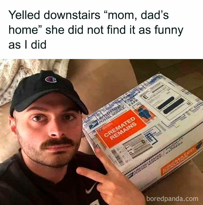 Man posing with a box labeled "cremated remains," captioned with a humorous anecdote about yelling to his mom.