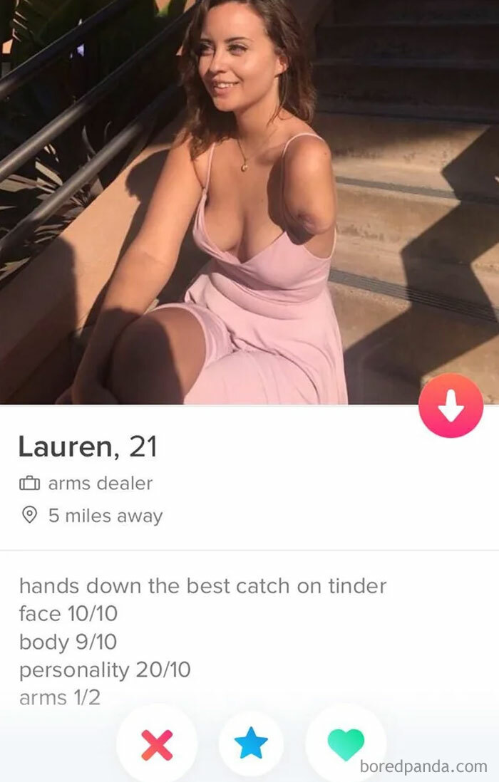 Woman in pink dress smiling on stairs, humor meme about dating profile and personality rating.