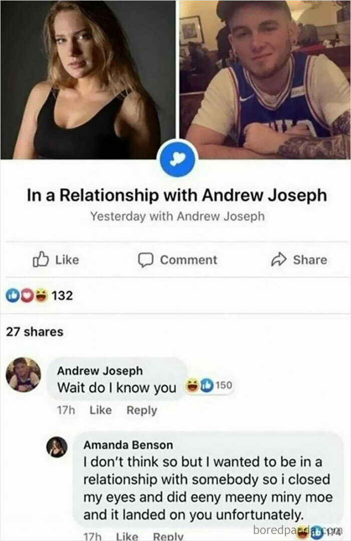 Social media relationship status with humorous comment thread, creating smiles with daily humor memes.