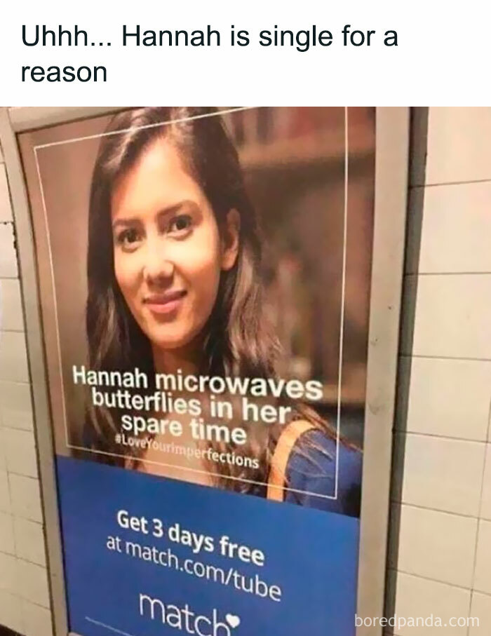 Humor meme poster jokes about Hannah's unusual hobby, promoting dating site with a clever twist.