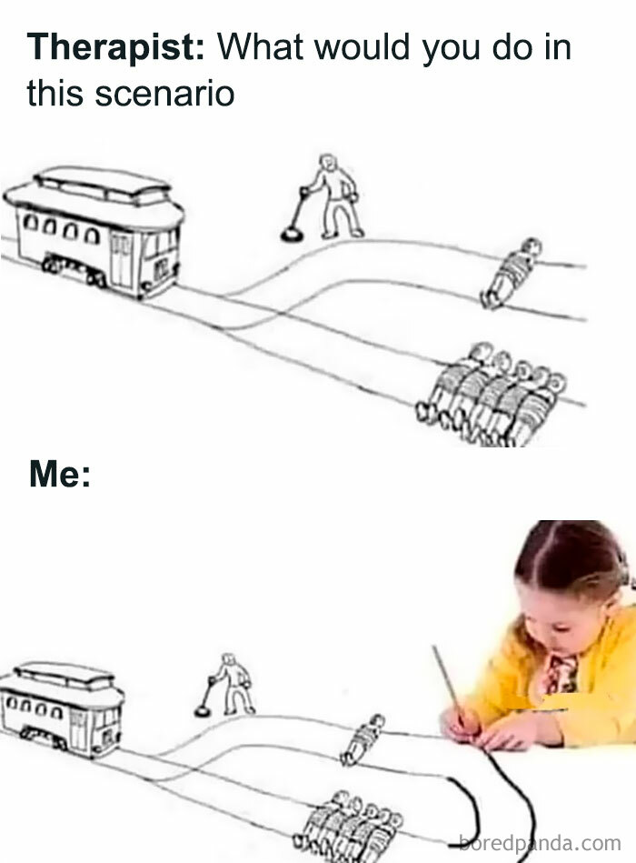 Child drawing an alternative solution to the trolley problem in a humorous meme format.