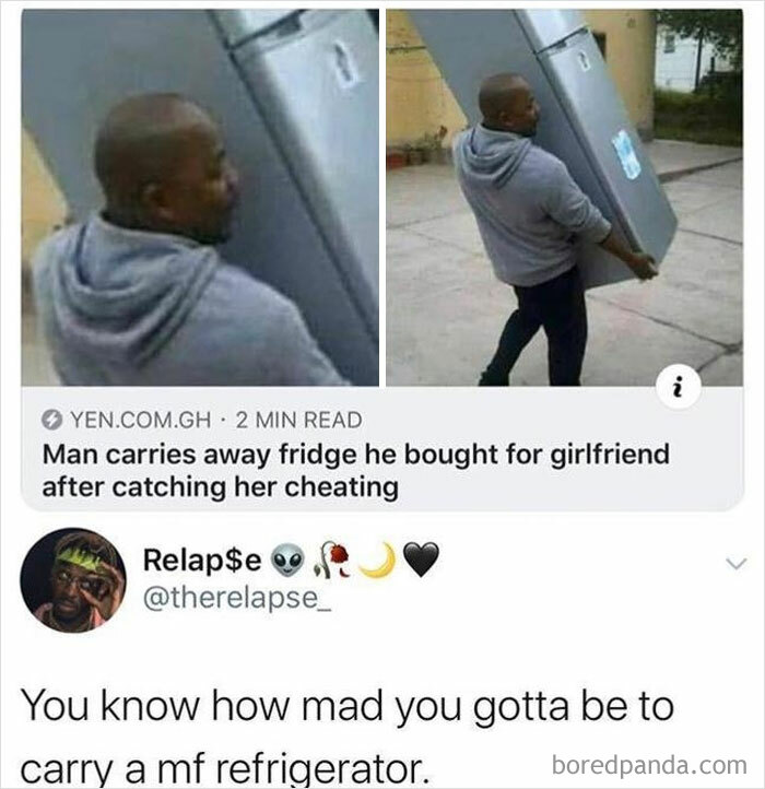 Man humorously carries a fridge outdoors after relationship drama, sparking laughter with a viral meme on daily humor memes page.