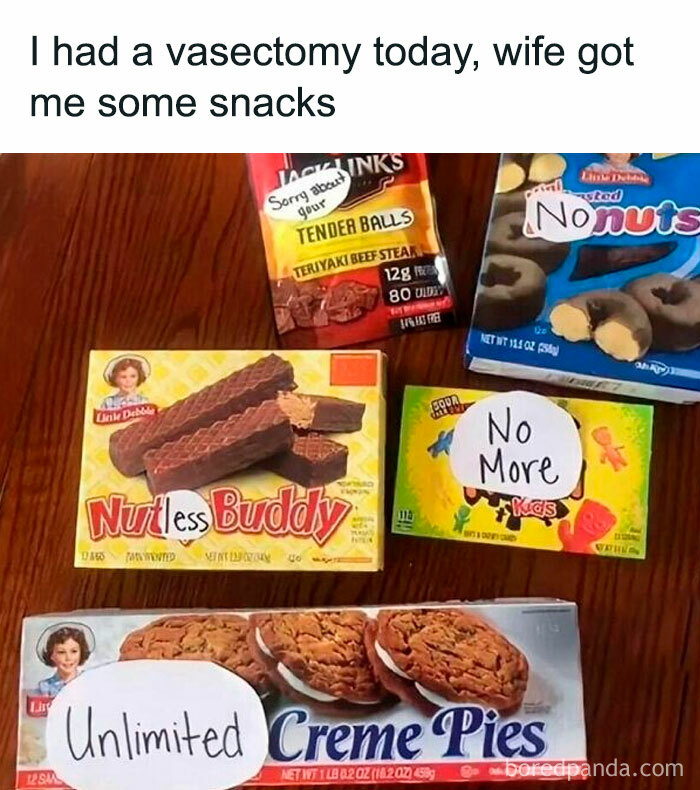 Humor meme showing snacks with playful labels related to vasectomy.