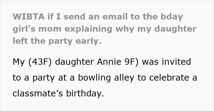 Text about a mom considering emailing the host after her daughter left a birthday party early.
