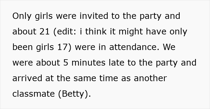 Text discussing attendance at a girl's birthday party, mentioning being late and another classmate's arrival.
