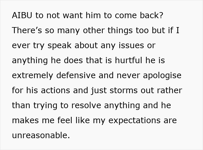 Text discussing a woman's boyfriend's defensiveness and unwillingness to resolve issues. Keywords: her son, laziness.