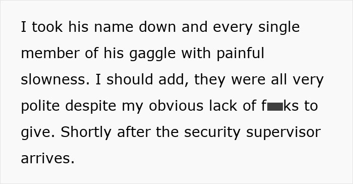 Text describing a worker maliciously complying with a frustrating rule and interacting with a security supervisor.