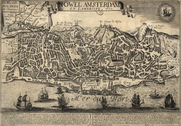 An old map of New Amsterdam from 1673, depicting intricate city details and sailing ships, key to historical navigation.