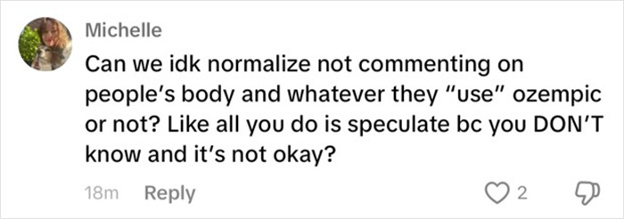 Comment on normalizing body acceptance and Ozempic speculation in a social media post.