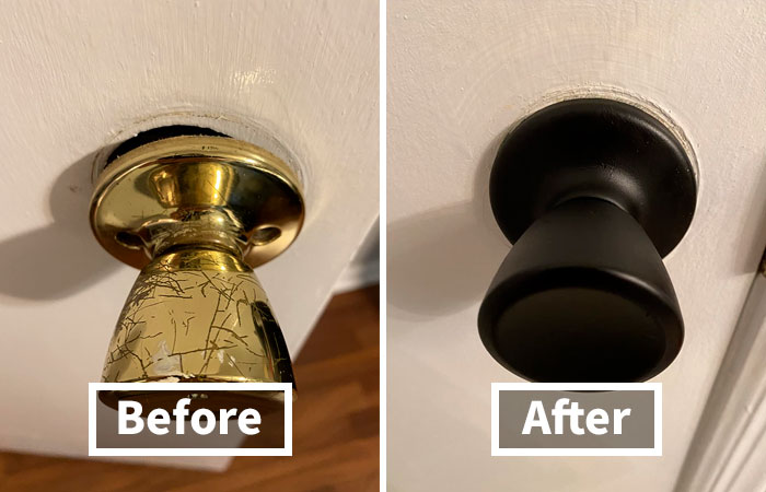 Before and after of a cleaned doorknob, illustrating cleaning tricks for security deposit return.