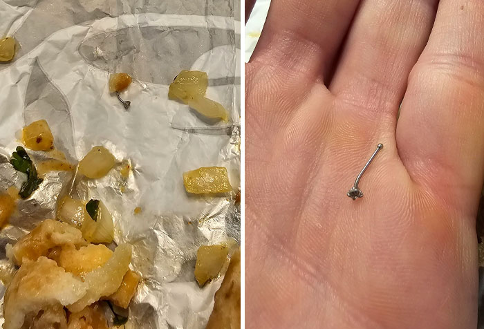 Disgusting food find: metal fragment in meal shown on foil and held in hand.