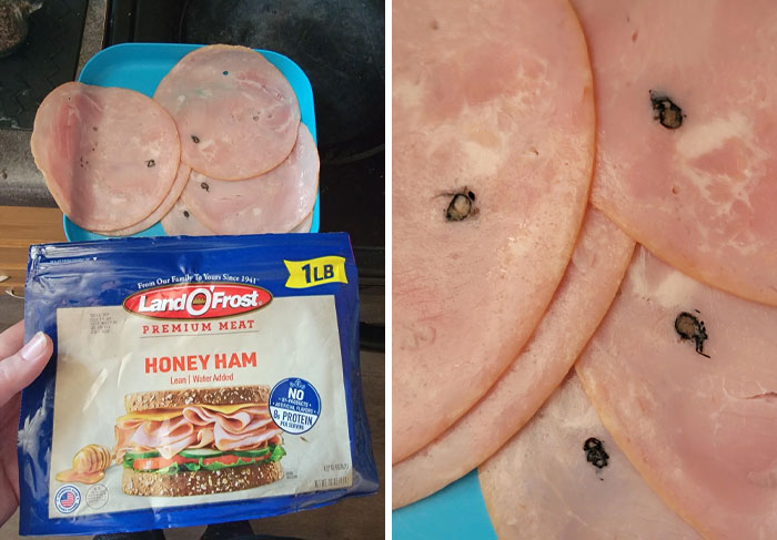 Packaged honey ham with visible black spots, highlighting a disgusting food discovery.