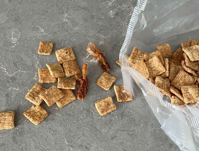 Disgusting surprise in cereal: a bag spills open revealing an unidentifiable object among square pieces.