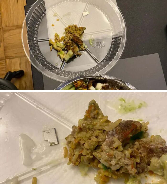 Close-up of a meal with a sharp metal piece on a plastic plate, showcasing a disgusting food surprise.