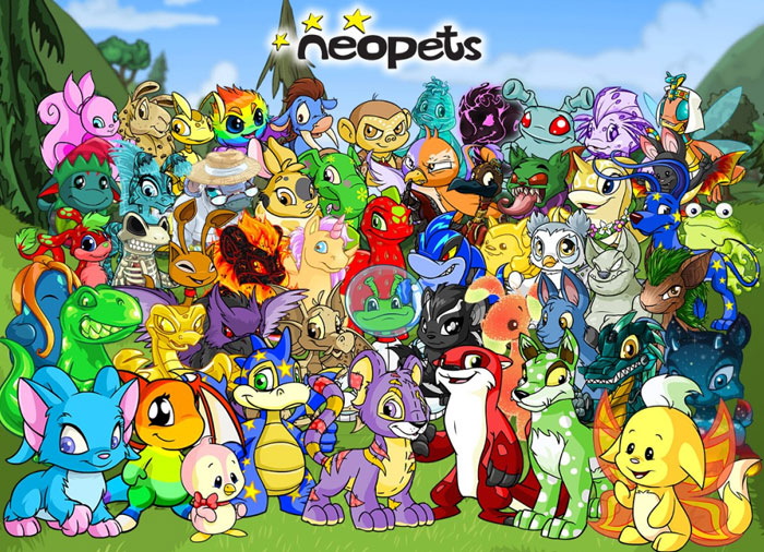 Colorful Neopets characters posing together, showcasing a mix of wholesome appearances with potentially disturbing backstories.