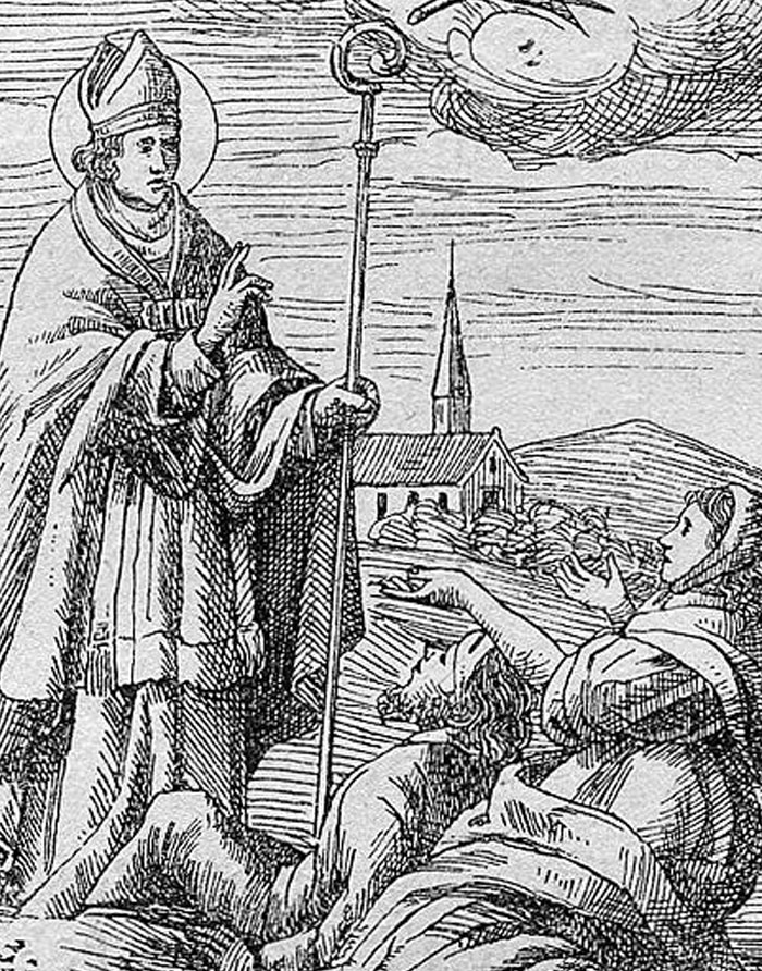 A bishop stands with a staff, gesturing to two kneeling figures, reflecting wholesome yet disturbing backstories.