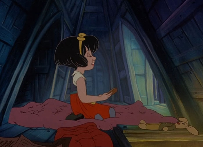 Cartoon girl sitting in an attic, surrounded by toys, illustrating a wholesome scene with a potentially disturbing backstory.